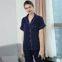 Couple's Summer Silk Pajama Set: Women's Striped & Men's Loose Fit Short Sleeve Two - Piece Homewear sku image 13