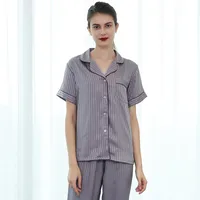 Couple's Summer Silk Pajama Set: Women's Striped & Men's Loose Fit Short Sleeve Two - Piece Homewear sku image 24