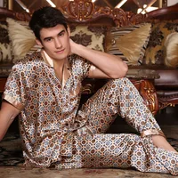 Men's Silk Short - Sleeve Pajama Set – Lightweight Summer Homewear, Breathable Grid Design, Comfortable Lounge Set main image 2