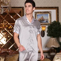 Men's Silk Short - Sleeve Pajama Set – Lightweight Summer Homewear, Breathable Grid Design, Comfortable Lounge Set sku image 1