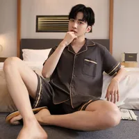 Men's Cotton Summer Short Sleeve Lounge Set - Lightweight Open-Front Pajamas, Oversized Fit With Drawstring Shorts, Home & Outdoor-Ready main image 2
