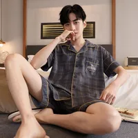 Men's Cotton Summer Short Sleeve Lounge Set - Lightweight Open-Front Pajamas, Oversized Fit With Drawstring Shorts, Home & Outdoor-Ready main image 3