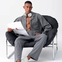 Men's Antibacterial Cotton Pajama Set - American - Style Textured Stretch Fabric, Long Sleeve Lounge Wear For All Seasons, Home & Outdoor Use main image 1