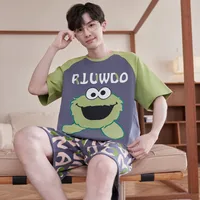 Men's Summer Cotton Short Sleeve Cartoon Print Round Neck Pullover Pajama Set For Teens & Students Homewear main image 1