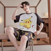 Men's Summer Cotton Short Sleeve Cartoon Print Round Neck Pullover Pajama Set For Teens & Students Homewear main image 2