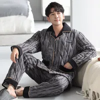 Men's Winter Thermal - Lined Coral Fleece Pajama Set With Lapel Collar, Striped Print, Long Sleeve & Plush Insulation main image 2