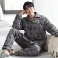 Men's Winter Thermal - Lined Coral Fleece Pajama Set With Lapel Collar, Striped Print, Long Sleeve & Plush Insulation main image 3