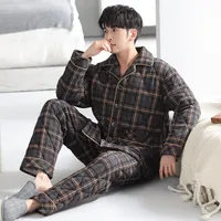 Men's Winter Thermal - Lined Coral Fleece Pajama Set With Lapel Collar, Striped Print, Long Sleeve & Plush Insulation main image 4