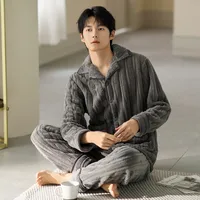 Men's Thermal Fleece Flannel Pajamas Set - Winter Warm Coral Velvet Sleepwear, Cozy Home Loungewear For Cold Weather sku image 10