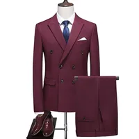Men's Big & Tall Double - Breasted Suit Two - Piece Set, Solid Wine Red Formal Blazer With Structured Shoulders main image 1