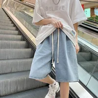 Men's Denim Shorts Summer Lightweight Loose - Fit Mid - Length Elastic Waist Washed Casual Straight Cut American Streetwear Style main image 2