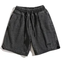 Men's Summer Loose Fit Embroidered Denim Shorts With Triangle Slit Hem, Streetwear Casual 5 - Inch Shorts sku image 1
