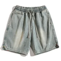 Men's Summer Loose Fit Embroidered Denim Shorts With Triangle Slit Hem, Streetwear Casual 5 - Inch Shorts sku image 6