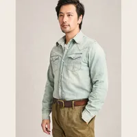 Double R Amekaji Retro Washed Denim Shirt Men's Slim Fit Distressed Cotton Button - Up Work Style main image 3