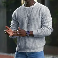 Europe And America Cross Border Men's Temu Solid Color Waffle Long-Sleeved T-shirt Amazon Spring And Autumn New Round Neck Top Men main image 3