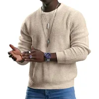 Europe And America Cross Border Men's Temu Solid Color Waffle Long-Sleeved T-shirt Amazon Spring And Autumn New Round Neck Top Men main image 2