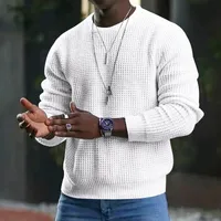 Europe And America Cross Border Men's Temu Solid Color Waffle Long-Sleeved T-shirt Amazon Spring And Autumn New Round Neck Top Men sku image 2
