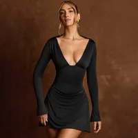 Women's A- Line Skirt Casual Elegant Streetwear V Neck Backless Long Sleeve Solid Color Above Knee Holiday Banquet Selfie main image 5
