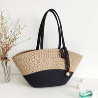 Women's Large Cotton Color Block Streetwear Weave Dumpling Shape Open Tote Bag main image 2