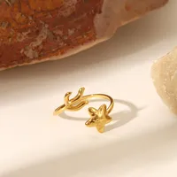 IG Style Marine Style Starfish Swirl Pattern Heart Shape 304 Stainless Steel Natural Stone Asymmetrical Natural Stone 18K Gold Plated Women's Open Rings main image 4
