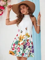 Women's Sundress Vacation Halter Neck Sleeveless Flower Butterfly Above Knee Banquet Family Gathering Evening Party main image 2