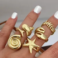 Retro Marine Style Classic Style Starfish Conch Fish Copper Asymmetrical 18K Gold Plated Women's Open Rings main image 1