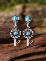 1 Pair Retro Feather Flower Lightning Alloy Turquoise Drop Earrings main image 6