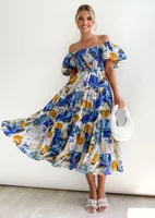 Women's Boho Dress Bohemian Boat Neck Ruffles Short Sleeve Printing Graffiti Midi Dress Daily Date sku image 11
