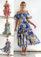 Women's Boho Dress Bohemian Boat Neck Ruffles Short Sleeve Printing Graffiti Midi Dress Daily Date main image 1