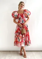 Women's Boho Dress Bohemian Boat Neck Ruffles Short Sleeve Printing Graffiti Midi Dress Daily Date sku image 7
