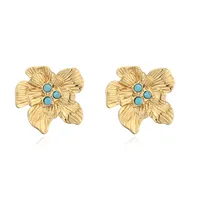 1 Pair Retro Luxurious Water Droplets Petal Fish Tail Plating Inlay 304 Stainless Steel Artificial Turquoise 18K Gold Plated Drop Earrings Ear Studs main image 9