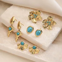 1 Pair Retro Luxurious Water Droplets Petal Fish Tail Plating Inlay 304 Stainless Steel Artificial Turquoise 18K Gold Plated Drop Earrings Ear Studs main image 1