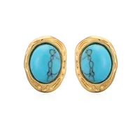 1 Pair Retro Luxurious Water Droplets Petal Fish Tail Plating Inlay 304 Stainless Steel Artificial Turquoise 18K Gold Plated Drop Earrings Ear Studs sku image 1