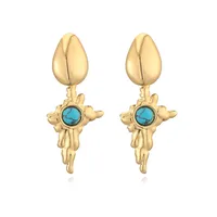 1 Pair Retro Luxurious Water Droplets Petal Fish Tail Plating Inlay 304 Stainless Steel Artificial Turquoise 18K Gold Plated Drop Earrings Ear Studs sku image 4