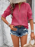 Spring And Summer    Export V-Neck Puff Sleeves Mid-Sleeve Cut Out Hair Ball Lace T-Shirt Tops For Women sku image 9