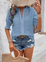 Spring And Summer    Export V-Neck Puff Sleeves Mid-Sleeve Cut Out Hair Ball Lace T-Shirt Tops For Women sku image 14