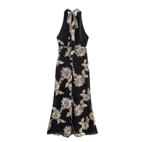 Women's Trumpet Dress Sexy Halter Neck Embroidery Long Sleeve Flower Maxi Long Dress Holiday Banquet main image 6