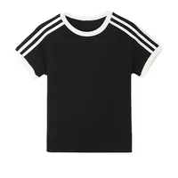 220G Contrast Color Stripe Short-Sleeved T-shirt 40 Pieces 1*1 Rib 92% Cotton 8% Spandex Open Version Custom Printed Logo main image 2
