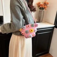 Women's Cotton And Linen Flower Cute Bucket Zipper Shoulder Bag sku image 4