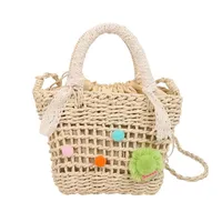 Women's Straw Round Dots Color Block Vacation Square String Straw Bag sku image 1
