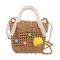 Women's Straw Round Dots Color Block Vacation Square String Straw Bag sku image 2