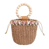 Women's Straw Flower Vacation Bucket String Straw Bag sku image 1