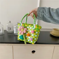 Women's Braid Plaid Flower Cute Square Open Handbag sku image 3