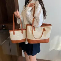 Women's Large Pu Leather Straw Color Block Streetwear Sewing Thread Square Zipper Tote Bag main image 1