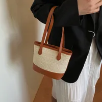 Women's Large Pu Leather Straw Color Block Streetwear Sewing Thread Square Zipper Tote Bag main image 2