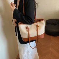 Women's Large Pu Leather Straw Color Block Streetwear Sewing Thread Square Zipper Tote Bag main image 3