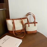 Women's Large Pu Leather Straw Color Block Streetwear Sewing Thread Square Zipper Tote Bag main image 4