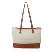 Women's Large Pu Leather Straw Color Block Streetwear Sewing Thread Square Zipper Tote Bag main image 5