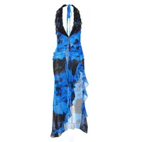 Women's Sheath Dress Casual Elegant Streetwear Halter Neck Lettuce Trim Sleeveless Printing Midi Dress Holiday Daily sku image 3
