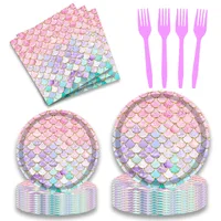 New Cartoon Mermaid Children's Birthday Disposable Cutlery Set Includes Knife Fork Spoon Paper Cup Napkin Paper Plate main image 2